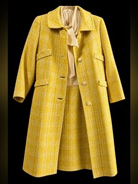 Rare 1960s FASHIONBILT Ivory Yellow Plaid 2-Piece Dress & Coat Ensemble M